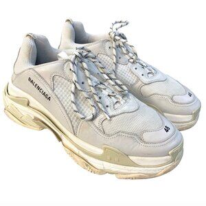 BALENCIAGA Triple S Sneakers Size 13 534217 Mesh Leather Designer White & Gray